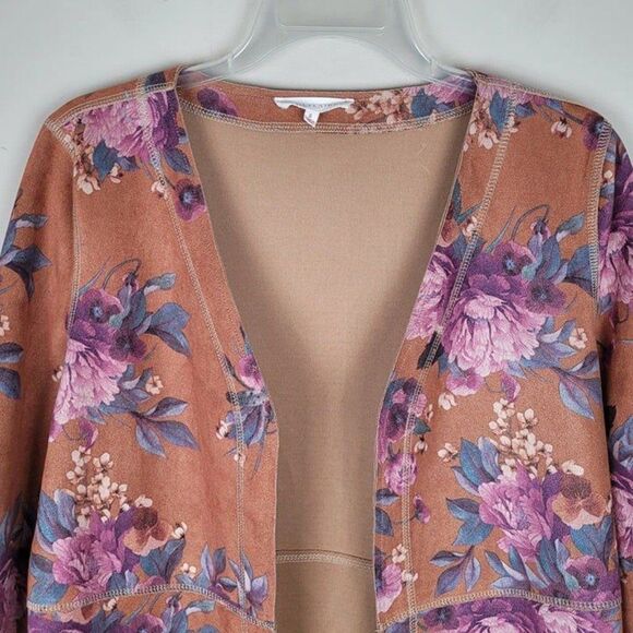 Solitaire Size S Floral Faux Suede Open Front Kimono Jacket Duster Multicolor - Picture 3 of 12
